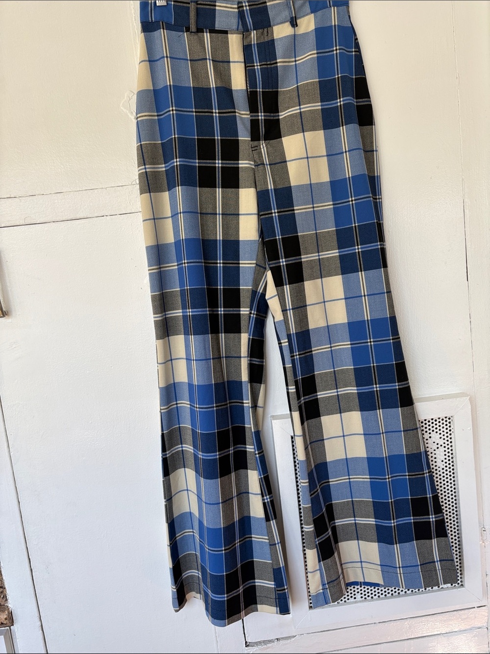 Free People Blue Plaid High-Waisted Trousers with Cream and Black Accents